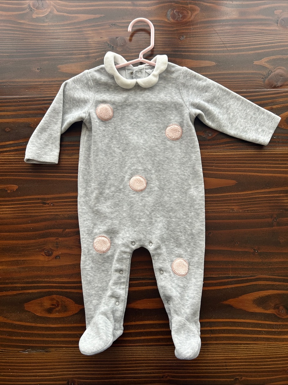 Mayoral- Baby One-Piece Footed Romper with Polka Dot Appliqués - Gray & Pink